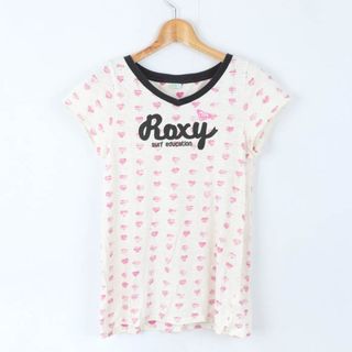 ロキシー(Roxy)のロキシー 半袖Ｔシャツ トップス ロゴT ハート柄 スポーツウエア レディース Mサイズ ベージュ×黒×ピンク ROXY(Tシャツ(半袖/袖なし))