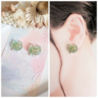 shell×cat おしゃれ 猫 パール ピアス イヤリング ミントグリーン(ピアス)