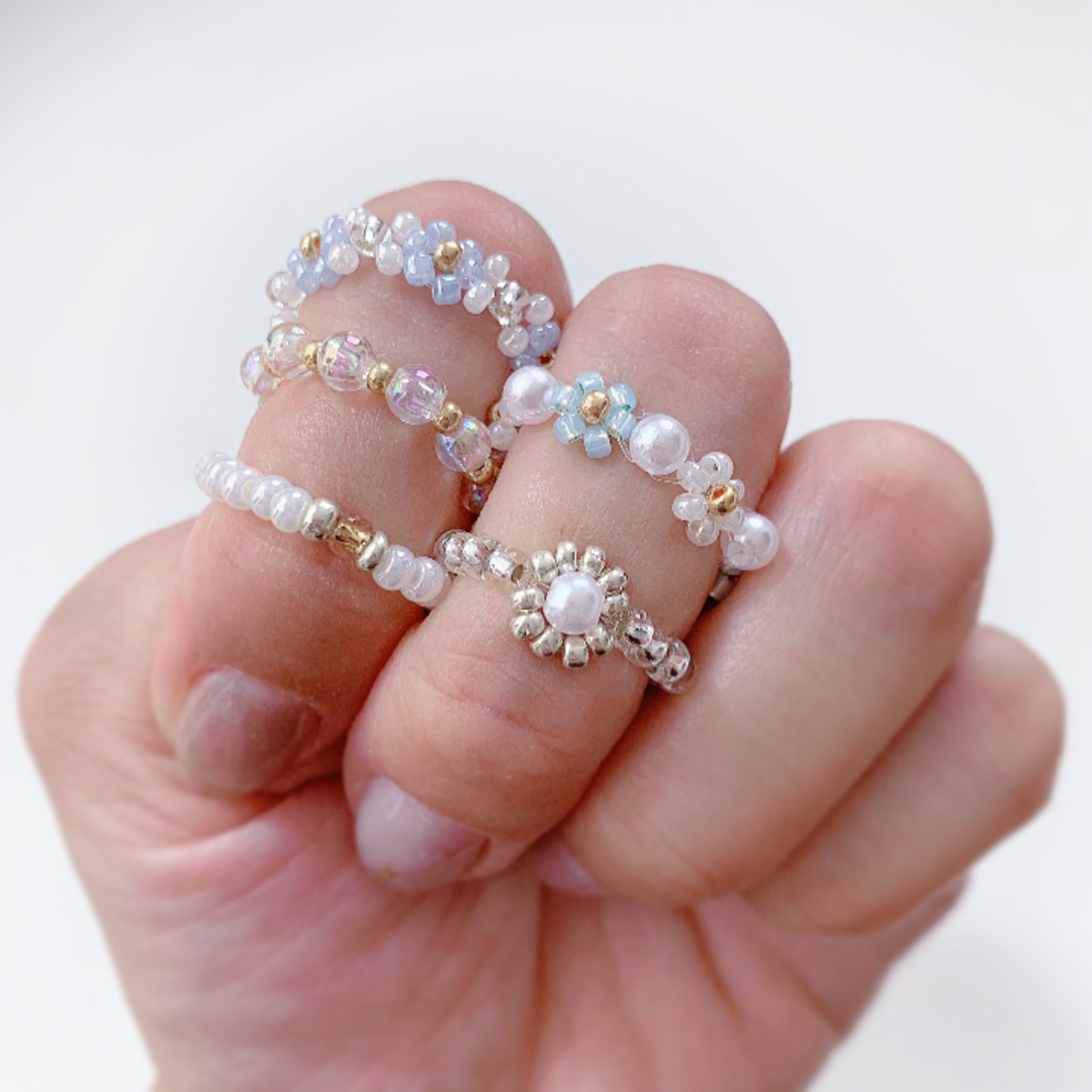 韓国ビーズ♡リング5点set ＼Pearl×Bule／ ハンドメイドのアクセサリー(リング)の商品写真