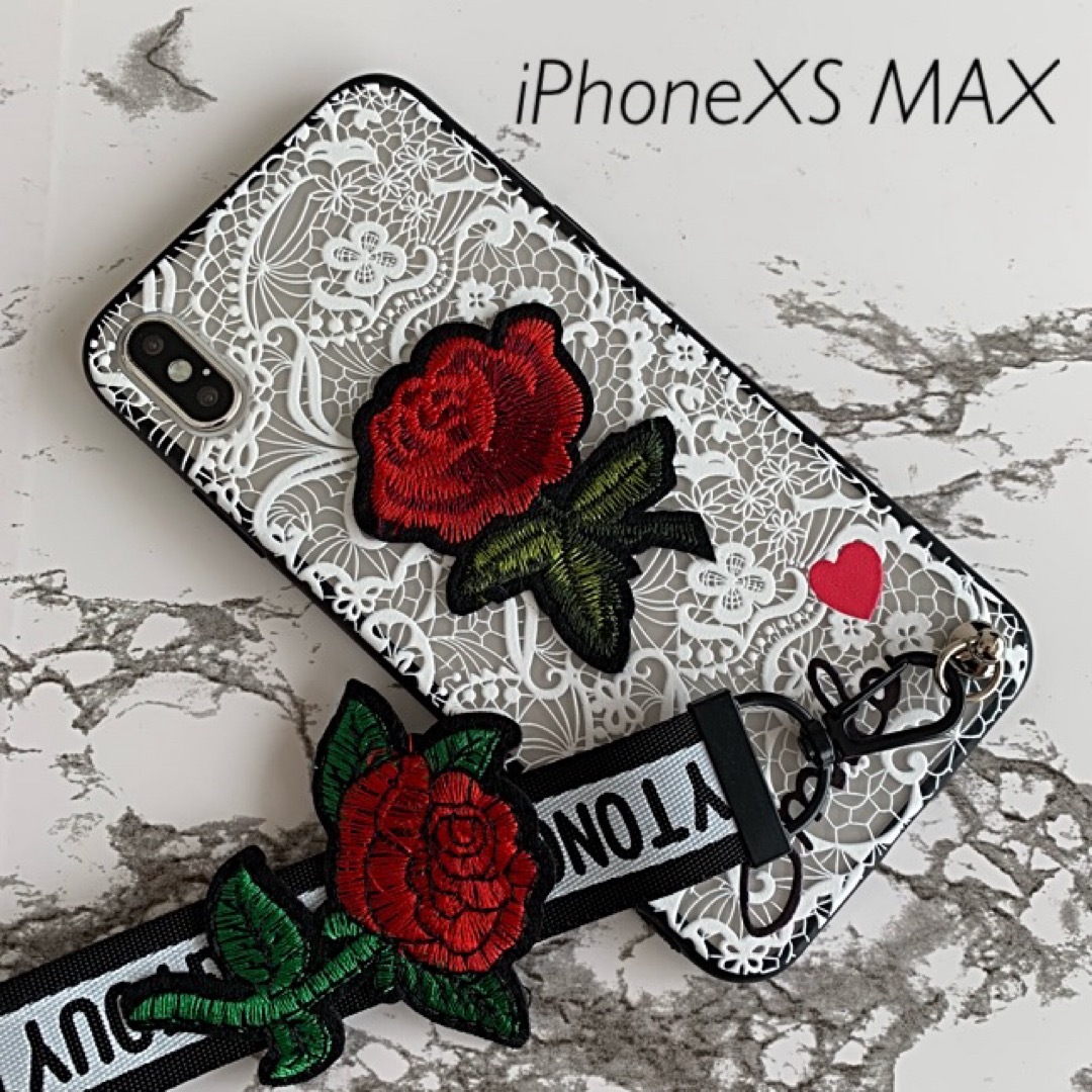 iPhoneXS MAX専用 ケースカバー ローズ刺繍ホワイト スマホ/家電/カメラのスマホアクセサリー(iPhoneケース)の商品写真