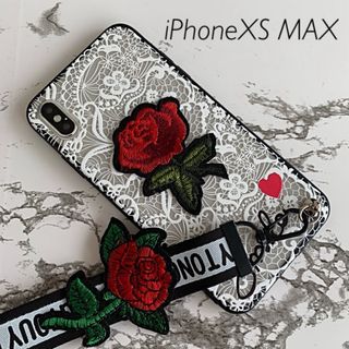 iPhoneXS MAX専用 ケースカバー ローズ刺繍ホワイト(iPhoneケース)