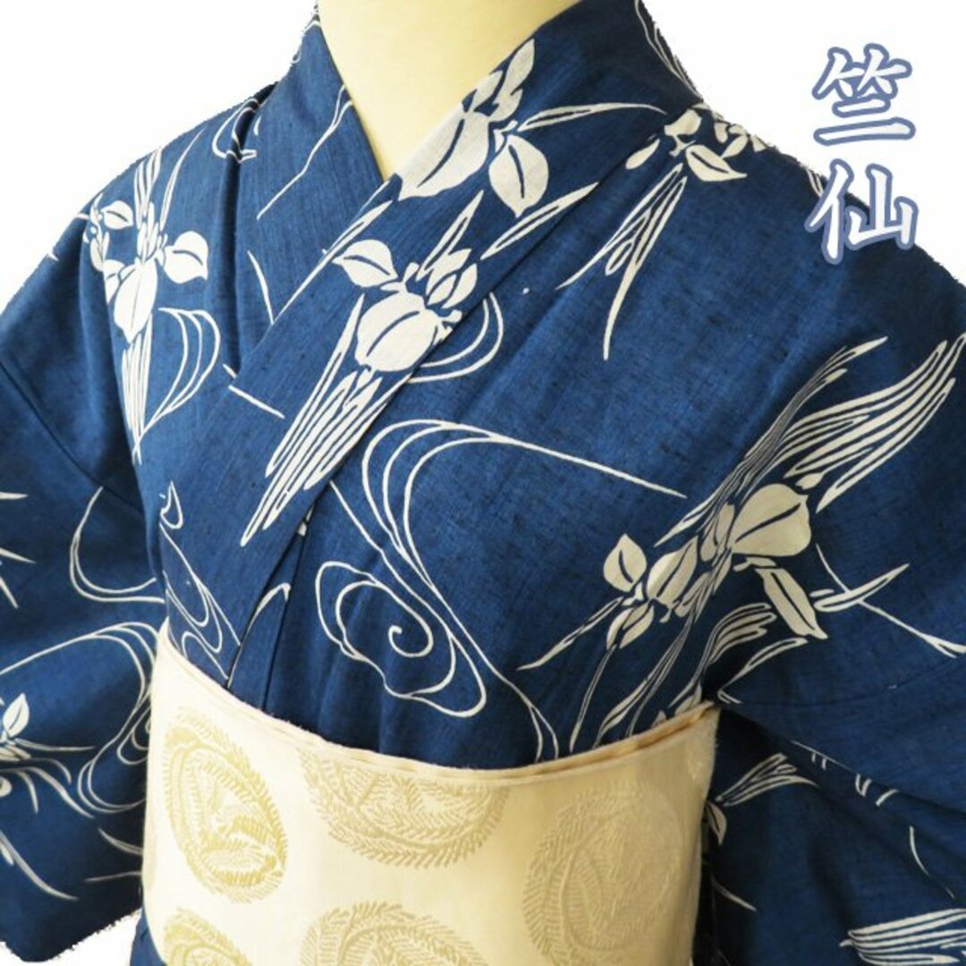 夏物 浴衣 着物 中古 木綿 カジュアル 竺仙 流水に花模様 菖蒲 藍色 身丈161.5cm 裄67cm M きもの北條 A1017-15 レディースの水着/浴衣(浴衣)の商品写真