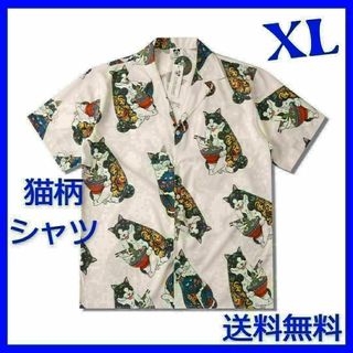 刺青 猫 総柄シャツ 和柄 アロハ 開襟 舐達麻　オープンカラー(Tシャツ/カットソー(半袖/袖なし))