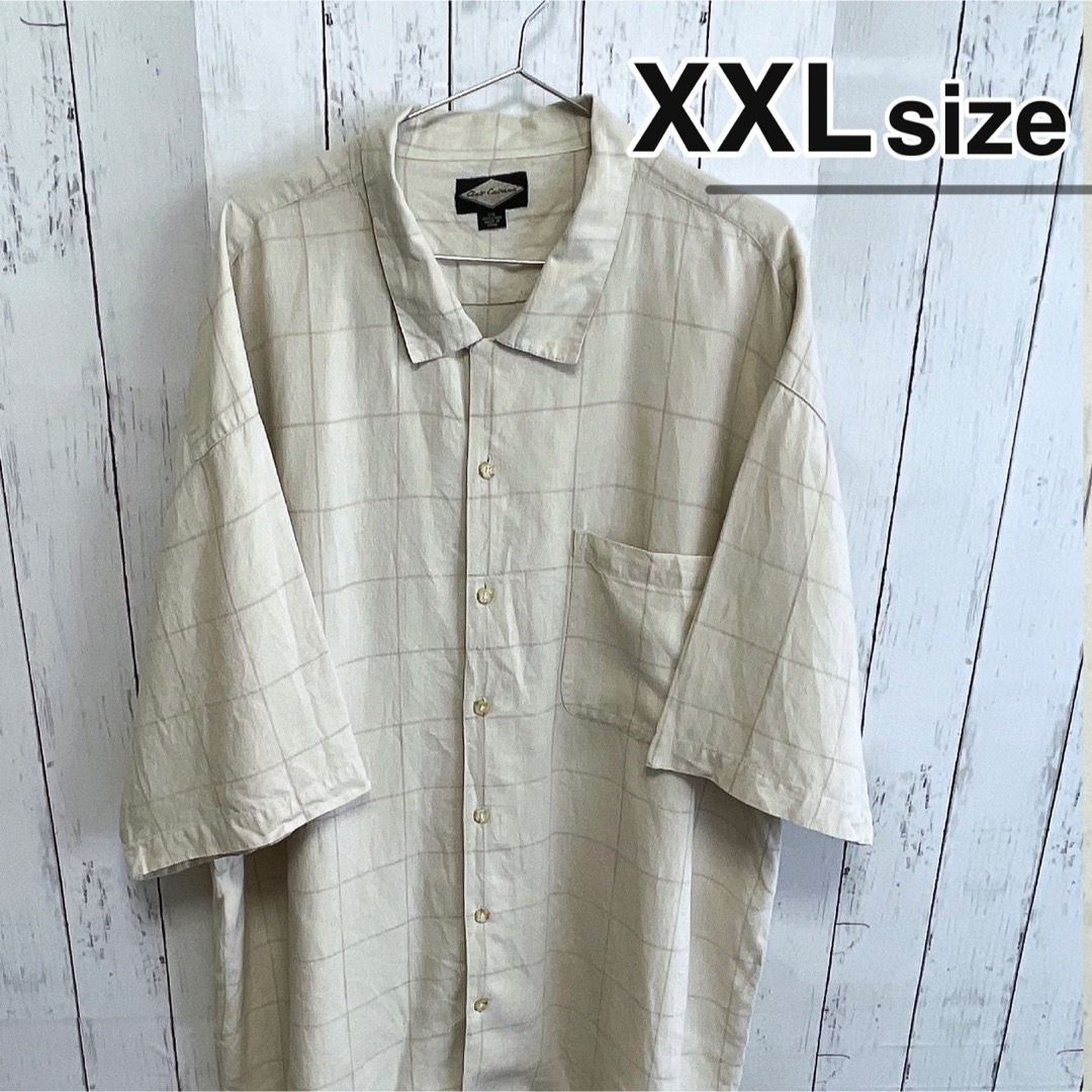 shirts(シャツ)のUSA古着　半袖シャツ　XXL　リネン　麻　ブロックチェック柄　ホワイトベージュ メンズのトップス(シャツ)の商品写真