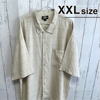 シャツ(shirts)のUSA古着　半袖シャツ　XXL　リネン　麻　ブロックチェック柄　ホワイトベージュ(シャツ)