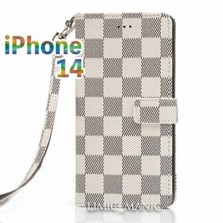 iPhone 14 手帳型 ケース 市松模様 白 チェック柄 ホワイト 格子(iPhoneケース)