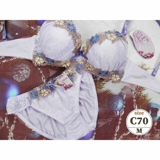 PN04 C70/M ブラ＆ショーツセット 下着 紫系 花のケミカル刺繍(ブラ&ショーツセット)