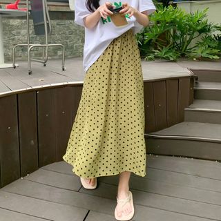 ドット柄 ロング スカート 春夏服 ボトムス　グリーン(ロングスカート)