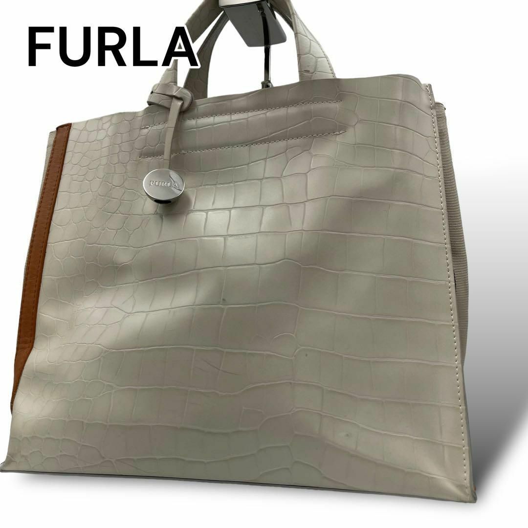 Furla(フルラ)のフルラ　ハンドバッグ　クロコ型押し　ホワイト　A325 レディースのバッグ(ハンドバッグ)の商品写真