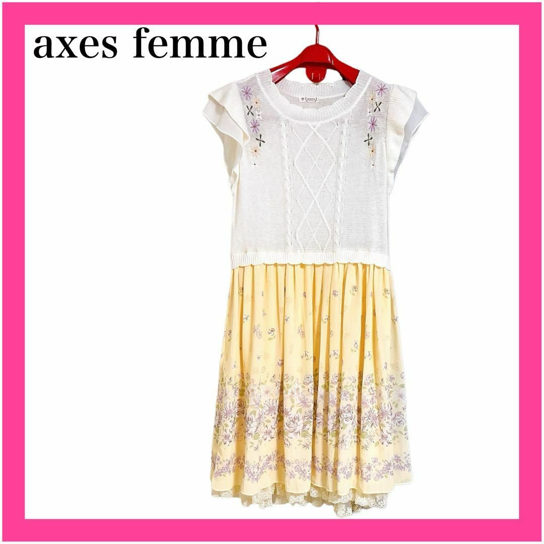 axes femme(アクシーズファム)のaxes femme サマーニットワンピース ゆったり 花柄 ワンピ 異素材 レディースのワンピース(ひざ丈ワンピース)の商品写真