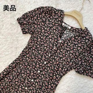 スナイデル(SNIDEL)の美品【snidel】　花柄　ロングワンピース 半袖　Sサイズ　ブラック(ロングワンピース/マキシワンピース)