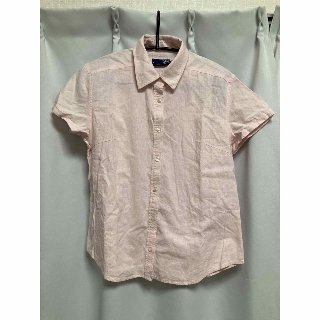 襟付きピンクの麻混ブラウス レディースのトップス(シャツ/ブラウス(半袖/袖なし))の商品写真