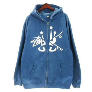 STUSSY - ステューシー パーカー 裏起毛 ジップアップ フロッキー ブルー L ☆AA★