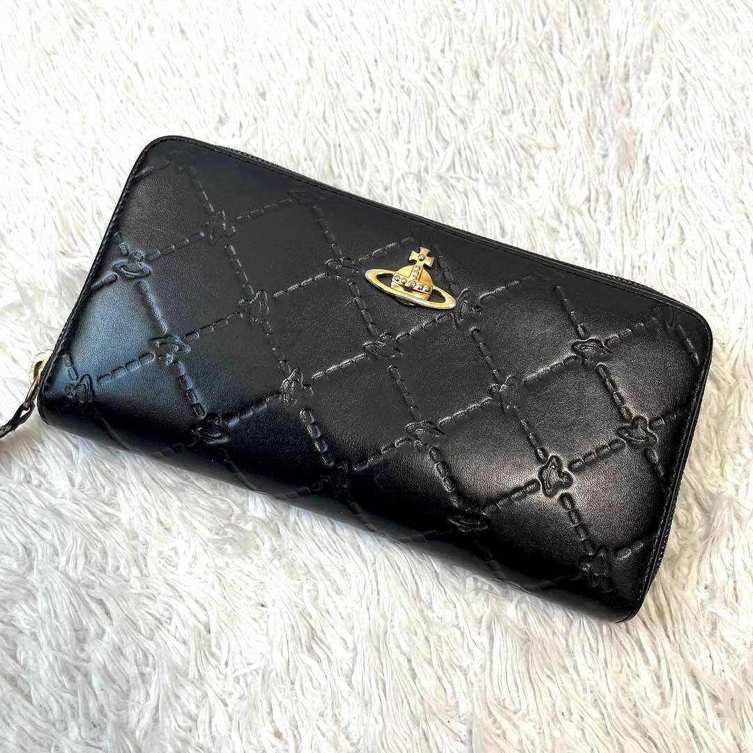 Vivienne Westwood(ヴィヴィアンウエストウッド)の【良品】ヴィヴィアンウエストウッド 長財布 黒 オーブ 型押し　ラウンドジップ レディースのファッション小物(財布)の商品写真