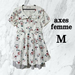 アクシーズファム(axes femme)の【美品】アクシーズファム 花柄 ワンピース フレアー  フリル リボン Mサイズ(ひざ丈ワンピース)