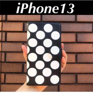 iPhone13ケース　手帳型　おしやれ　可愛い　メンズ　黒　ドット(iPhoneケース)
