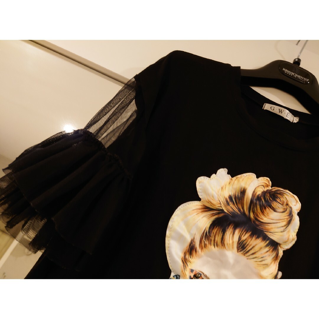 黒七分袖カットソーＴシャツ　袖レースフリル　女の子プリントМサイズ レディースのトップス(カットソー(長袖/七分))の商品写真