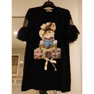 黒七分袖カットソーＴシャツ　袖レースフリル　女の子プリントМサイズ(カットソー(長袖/七分))