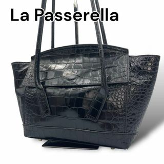 La Passerella ハンドバッグ　クロコ型押し　ブラック　A333(ハンドバッグ)