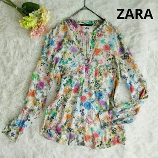 ザラ(ZARA)のZARA ザラ　花柄バンドカラー スキッパー 長袖シャツシアーシャツ花柄 M(シャツ/ブラウス(長袖/七分))