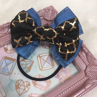 リボン☆ヘアゴム☆ハンドメイド☆96 モロッカン柄 ブラック 黒 デニム(ヘアアクセサリー)