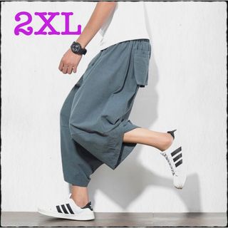 リネン　サルエル　ハーフパンツ　短パン　グレー　2XL メンズ　部屋着(サルエルパンツ)