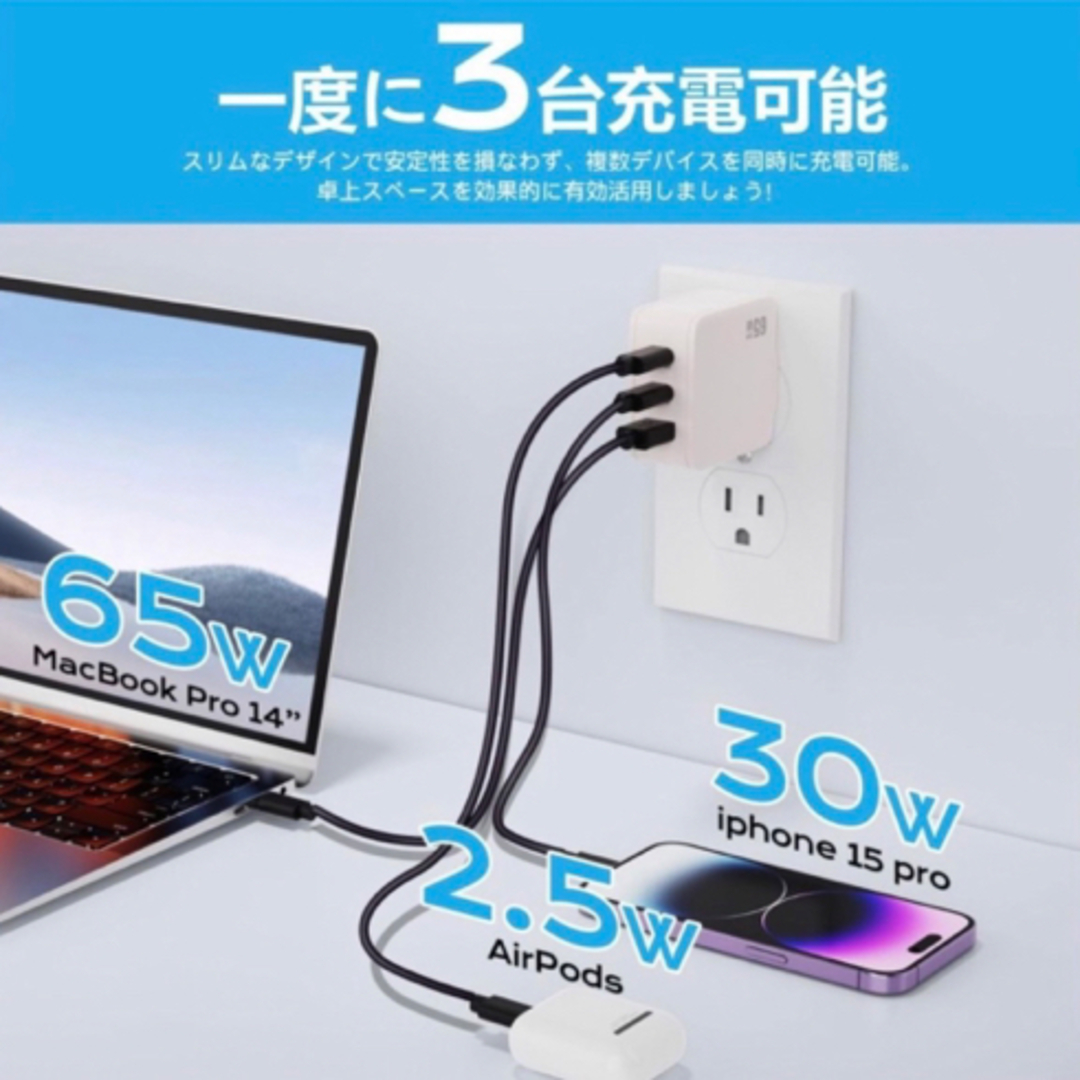 PD USB充電器 65W GaN Type C 急速充電器 高速充電器 PD スマホ/家電/カメラのPC/タブレット(PC周辺機器)の商品写真