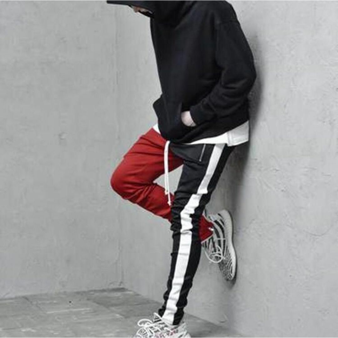 ツートーン ライン テーパード パンツ M スキニー 韓国 ブラック×レッド メンズのパンツ(その他)の商品写真