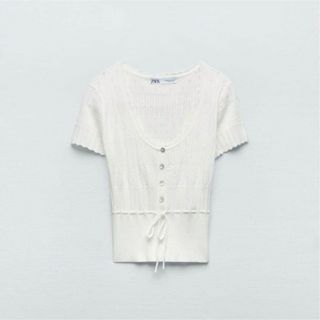 ザラ(ZARA)のZARA ドローストリング オープンニット トップス ホワイト S  新品未使用(Tシャツ(半袖/袖なし))