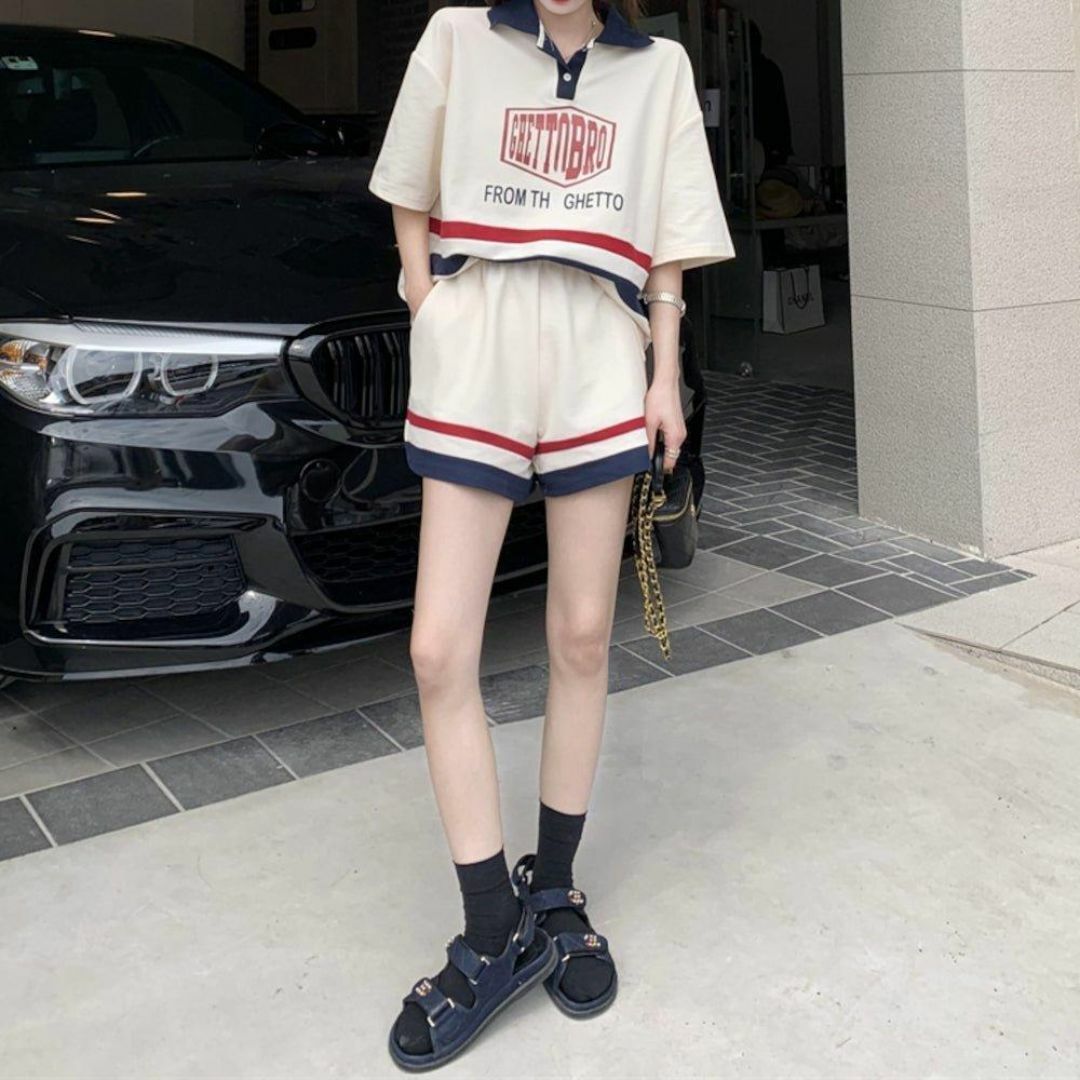 ポロシャツ ショートパンツ セットアップ ボーダー 韓国 ネイビー×レッド レディースのトップス(ポロシャツ)の商品写真
