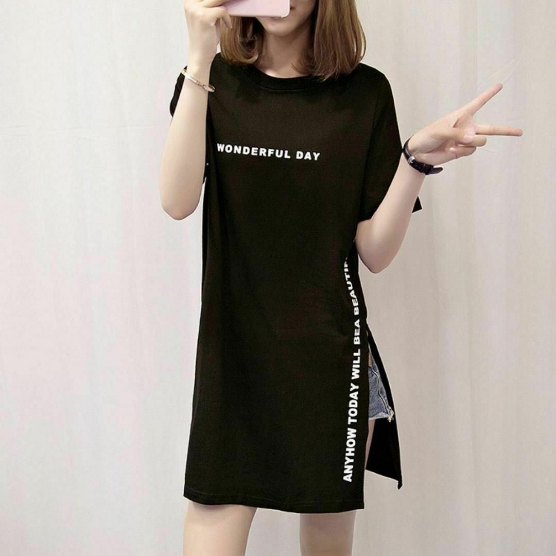 M 黒 ブラック ロング丈Tシャツ 半袖 ロンT ゆったり レディース シンプル レディースのトップス(Tシャツ(半袖/袖なし))の商品写真