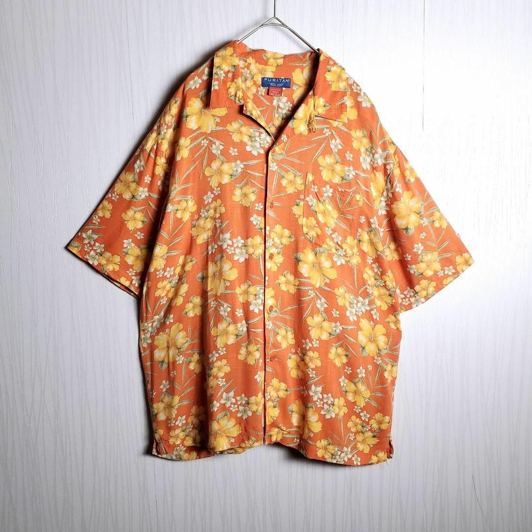 VINTAGE(ヴィンテージ)の【アロハシャツ 総柄 ハイビスカス オープンカラー L レーヨン 橙 古着】 メンズのトップス(シャツ)の商品写真