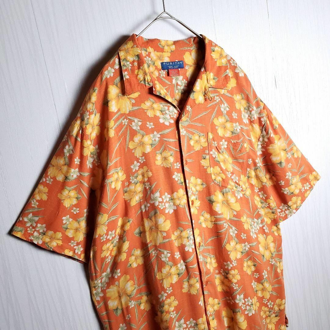 VINTAGE(ヴィンテージ)の【アロハシャツ 総柄 ハイビスカス オープンカラー L レーヨン 橙 古着】 メンズのトップス(シャツ)の商品写真