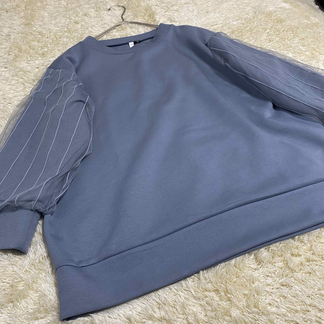 しまむら(シマムラ)の新品 大きいサイズ くすみブルー チュール袖 プルオーバー 3L キレイめ レディースのトップス(カットソー(長袖/七分))の商品写真
