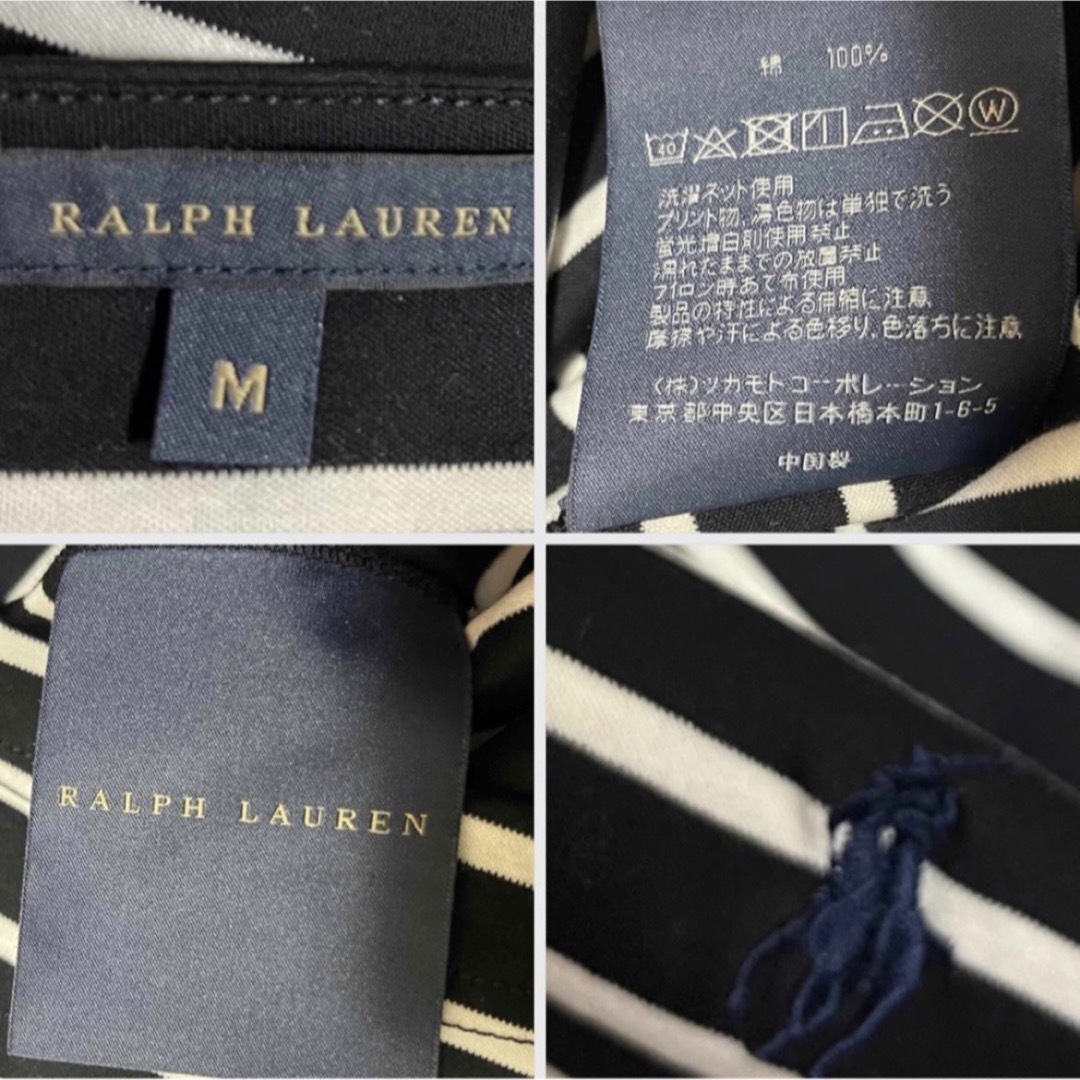 Ralph Lauren(ラルフローレン)の美品！ラルフローレン  8分袖　ボーダー　ワンピース  裾ロゴ刺繍　M 濃紺 レディースのワンピース(ひざ丈ワンピース)の商品写真