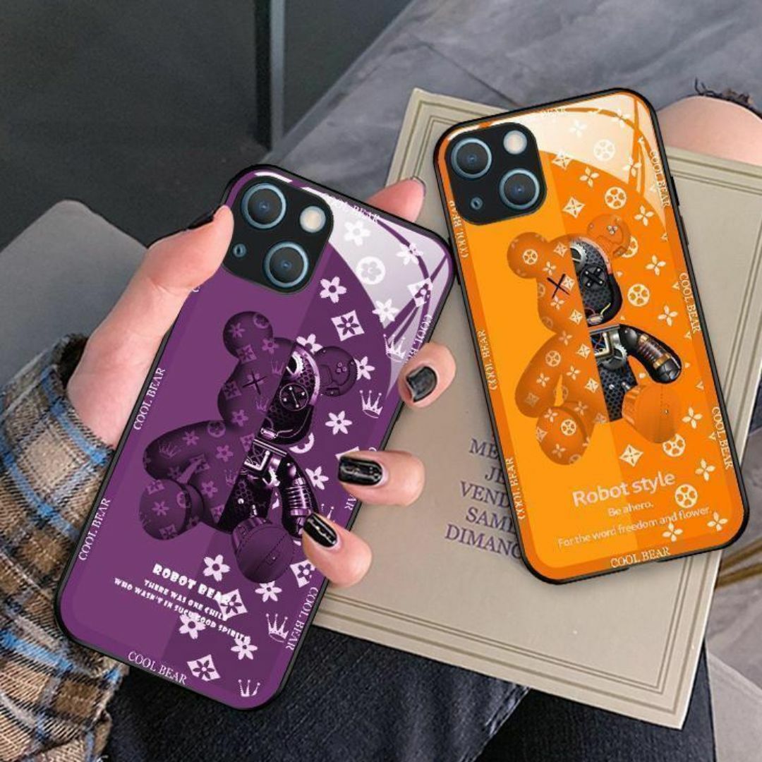 新カラー　iPhone15 14　携帯ケース　強化ガラス　高級感クマ　鮮やかな紫 スマホ/家電/カメラのスマホアクセサリー(iPhoneケース)の商品写真