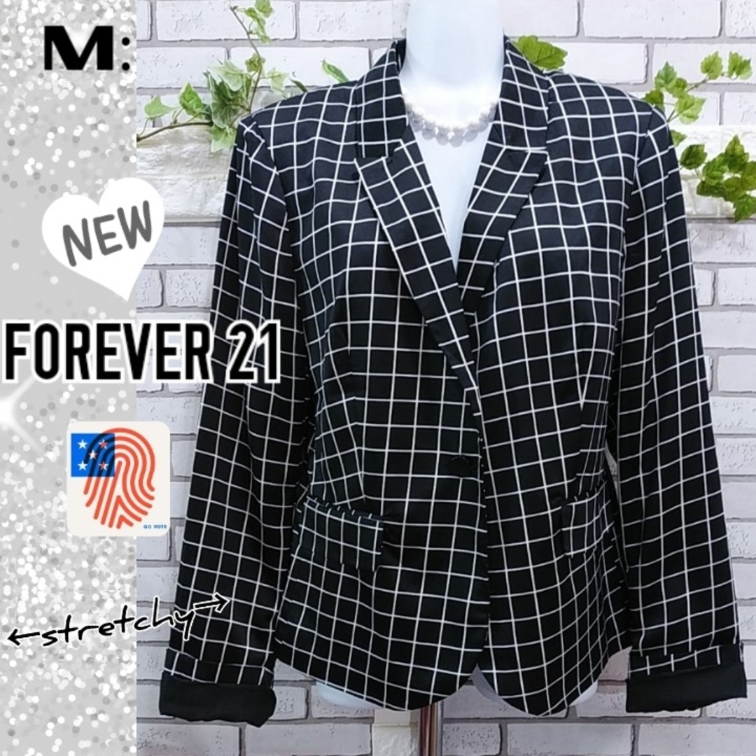 FOREVER 21(フォーエバートゥエンティーワン)のM：未使用★ストレッチサテン ジャケット／フォーエバー 21★ブラック＆ホワイト レディースのジャケット/アウター(テーラードジャケット)の商品写真