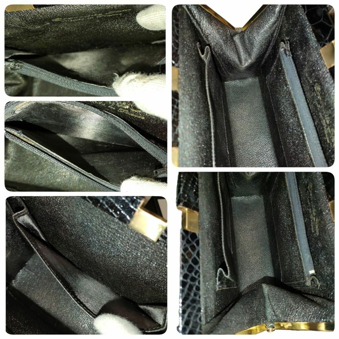 クロコダイル ワニ革 フォーマル ハンドバッグ 金具 ブラック がま口 レディースのバッグ(ハンドバッグ)の商品写真
