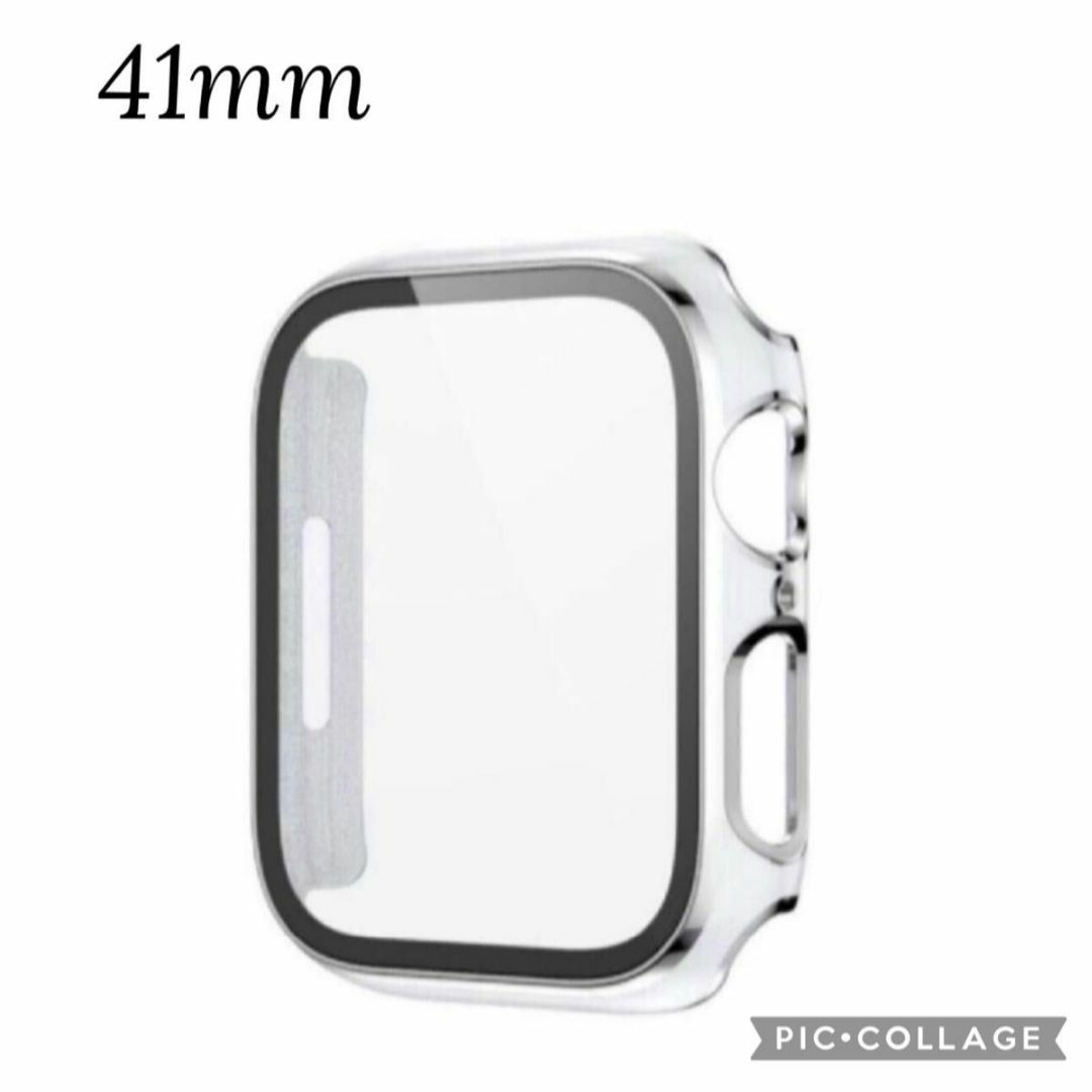 【ホワイト＆シルバー】アップルウォッチ 保護ガラス付きカバー 41mm スマホ/家電/カメラのスマホアクセサリー(モバイルケース/カバー)の商品写真