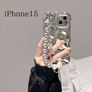 【数量限定】シルバー　iPhone15　ケース　オルチャン　チェーン　韓国(iPhoneケース)