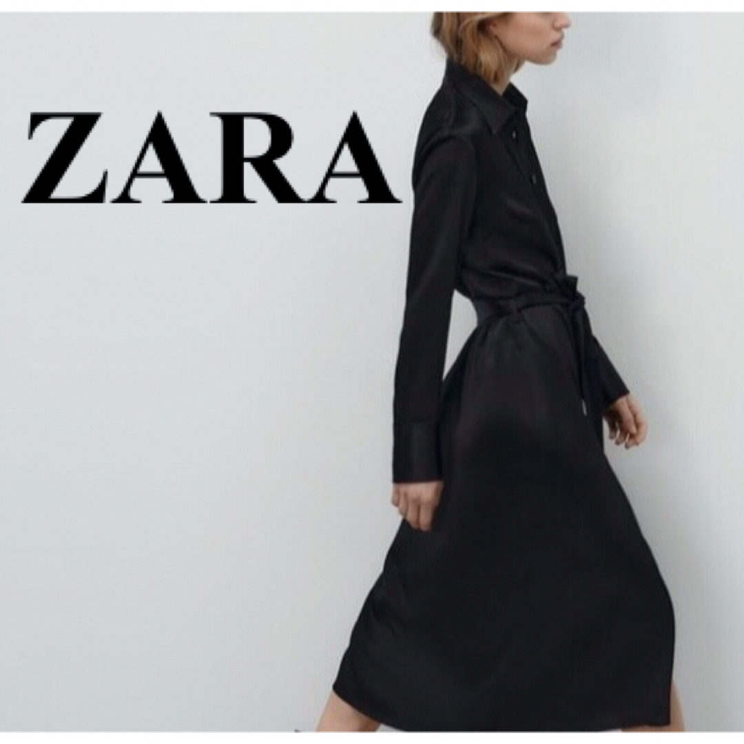 ZARA(ザラ)の極美品★ZARA★サテン風ロングシャツワンピースXS/ブラック/ロングドレス/艶 レディースのワンピース(ロングワンピース/マキシワンピース)の商品写真