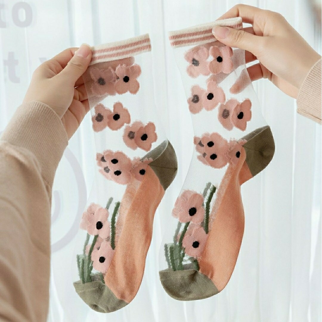 シースルーソックス シアーソックス 夏用靴下レディース 花柄 4足 レディースのレッグウェア(ソックス)の商品写真