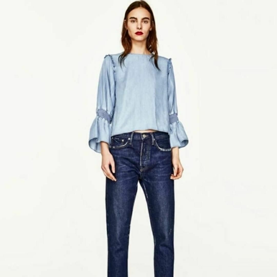 ZARA(ザラ)のZARA　ザラ　ベルスリーブ　プレミアムデニム　シャンブレー　138 レディースのトップス(カットソー(長袖/七分))の商品写真