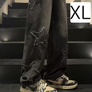 【数量限定】デニム ワイドパンツ 星 ブラック XL ルーズフィット XLサイズ(デニム/ジーンズ)