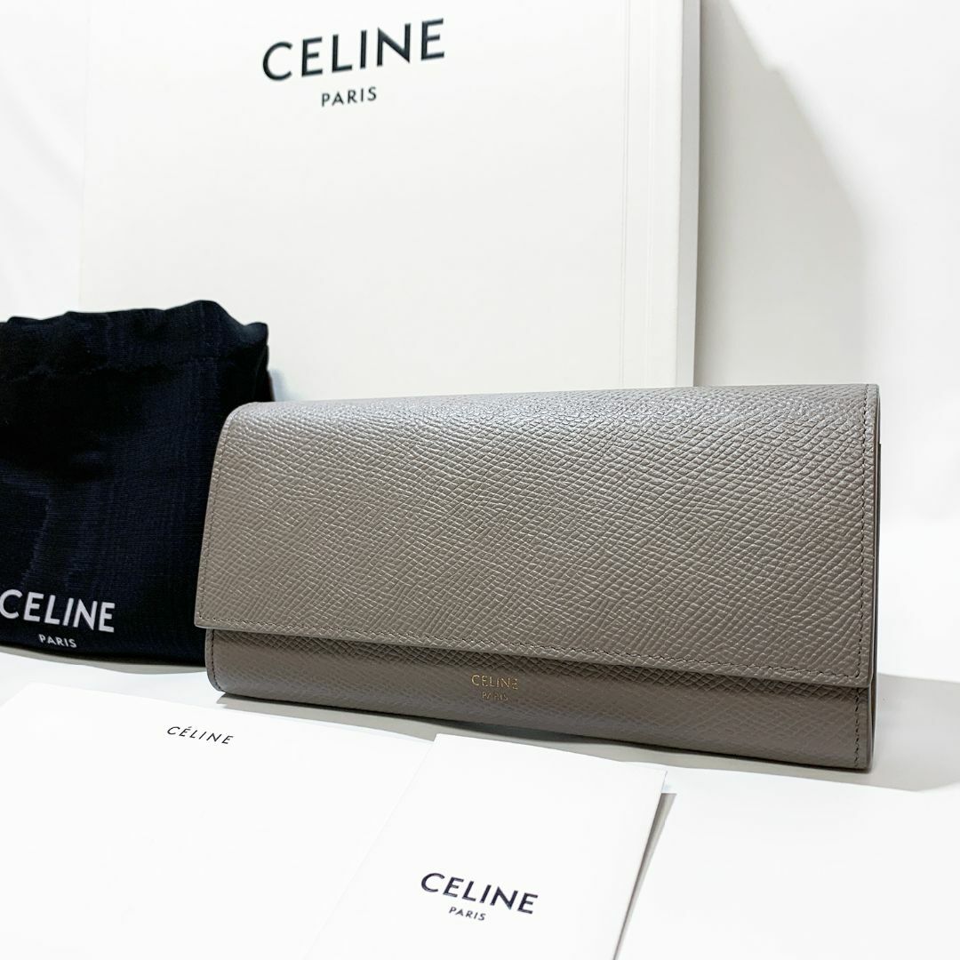極美品】CELINE セリーヌ 二つ折り 長財布 レザー グレージュ系 極美品】CELINE セリーヌ 二つ折り 長財布 レザー グレージュ系