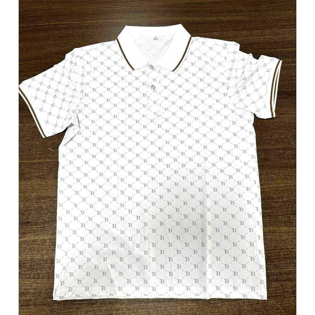 【新品】半袖ポロシャツ ドット柄 XL＜ホワイト×ゴールド＞カジュアル 白×金 メンズのトップス(ポロシャツ)の商品写真