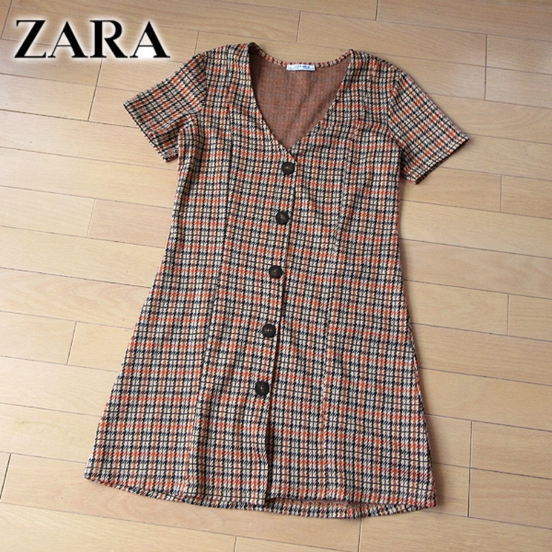 ZARA(ザラ)の美品 (EUR)M ザラ ZARA チェック柄ワンピース ブラウン レディースのワンピース(ミニワンピース)の商品写真