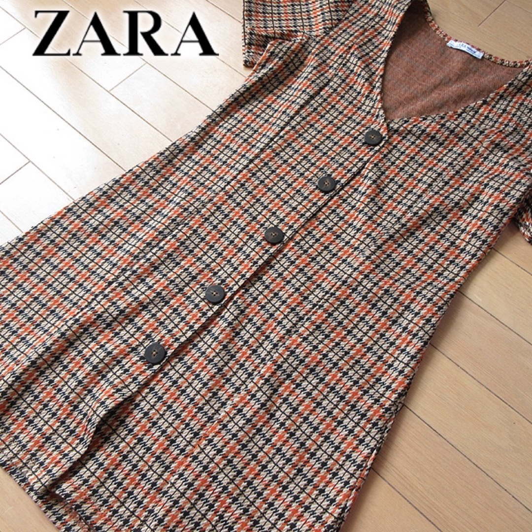 ZARA(ザラ)の美品 (EUR)M ザラ ZARA チェック柄ワンピース ブラウン レディースのワンピース(ミニワンピース)の商品写真