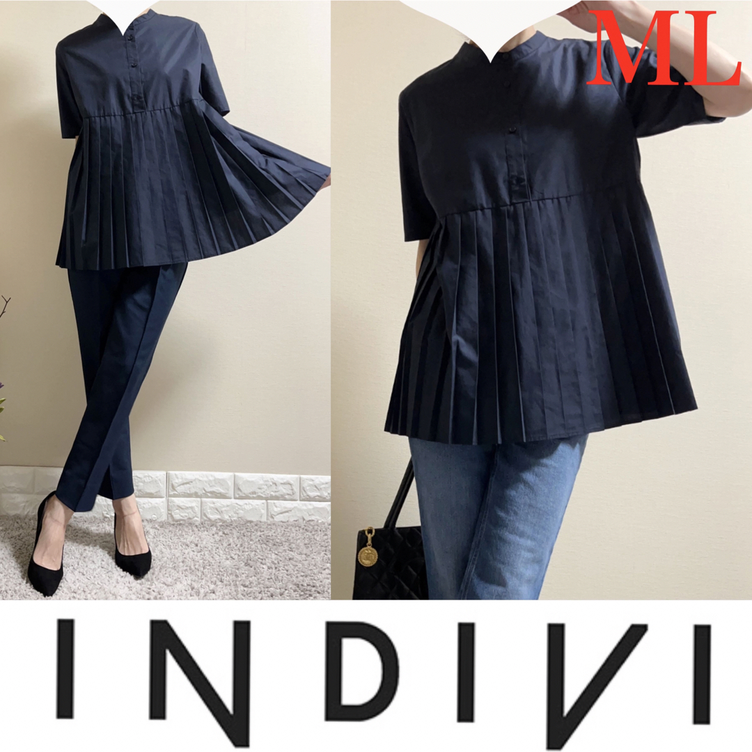 INDIVI(インディヴィ)のインディヴィ　INDIVI プリーツ　シャツ　ブラウス　半袖　濃紺　38 ML レディースのトップス(シャツ/ブラウス(半袖/袖なし))の商品写真