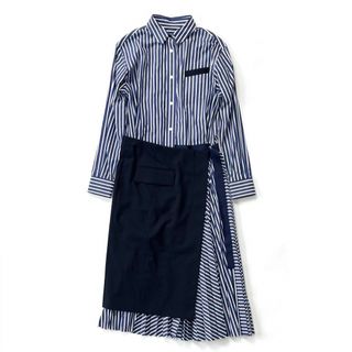 美品 sacai 21ss ストライプシャツワンピース 2 プリーツ ネイビー